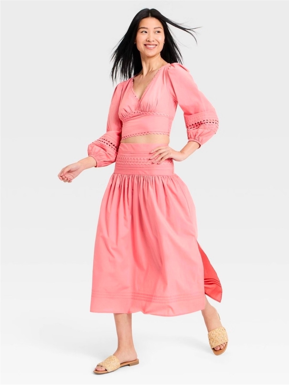 A New Day ; Women's Pink Midi Skirt Set - Elegant Gathered Waist